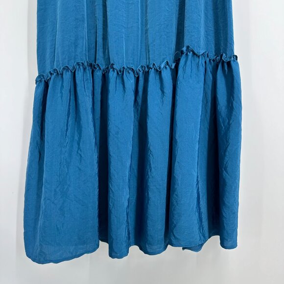 3/$25 LOFT Beach Maxi Dress S Off Shoulder Tiered Silky Flowy Ruffle Teal Long - Picture 4 of 8